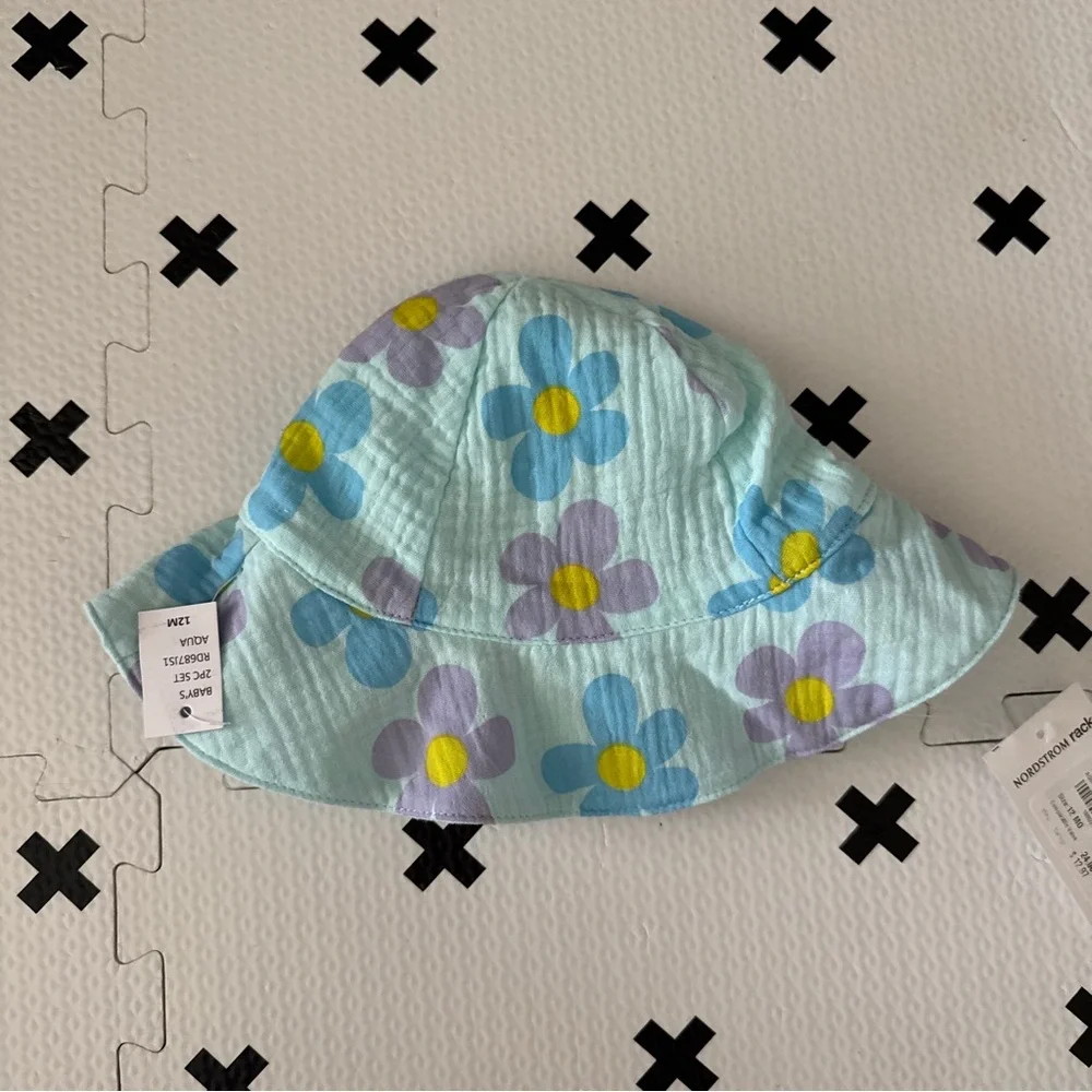 Jessica Simpson Floral Sun Hat - Aqua Blue Daisy Print 12m